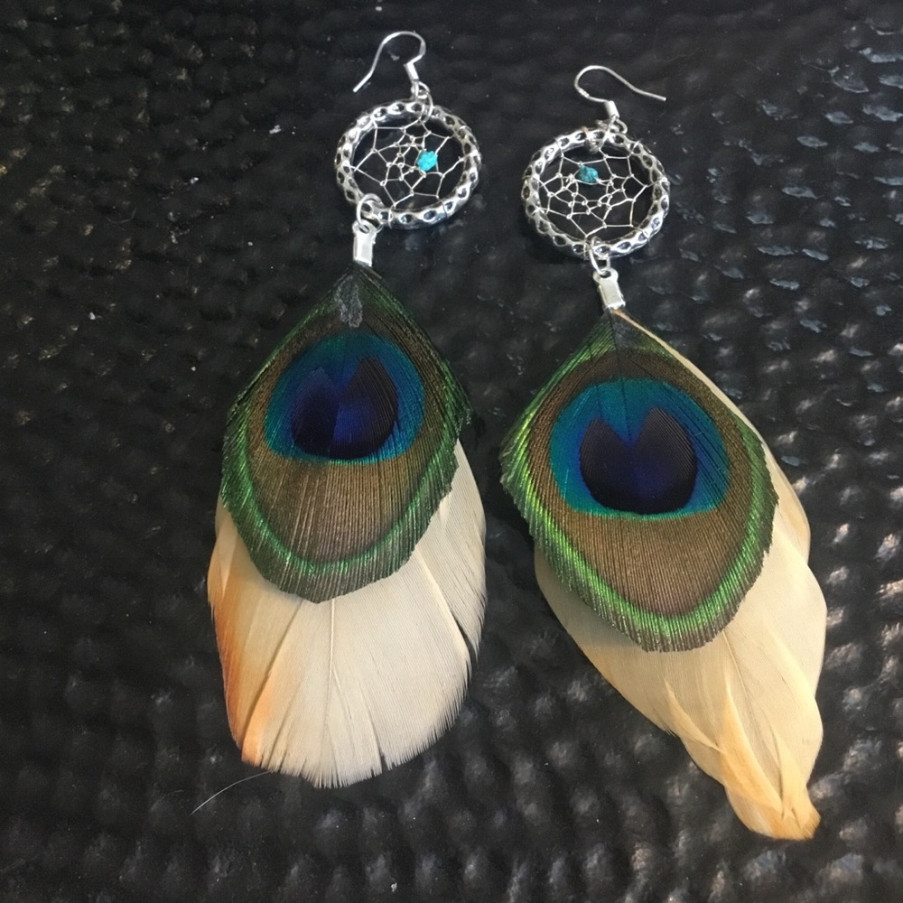 Hand Craft Artisan Bohemian Tribal Dream Catcher Duster Feather Pierced Earrings - Picture 13 of 16